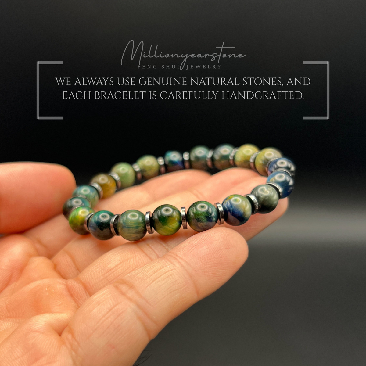 Green Tiger's Eye Bracelet, 8mm beads , hematite spacers
