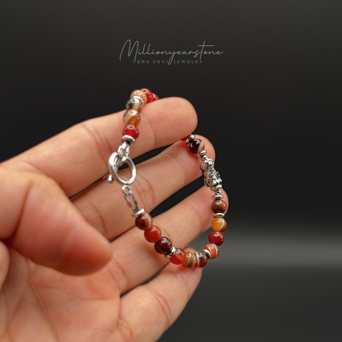 Pixiu Bracelet – 6mm Red Agate Beads, S925 Sterling Silver Pixiu