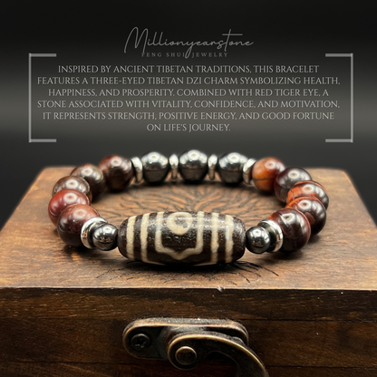 Tibetan Feng shui bracelet - Red Tiger's eye 10mm with Three Eye Dzi charm