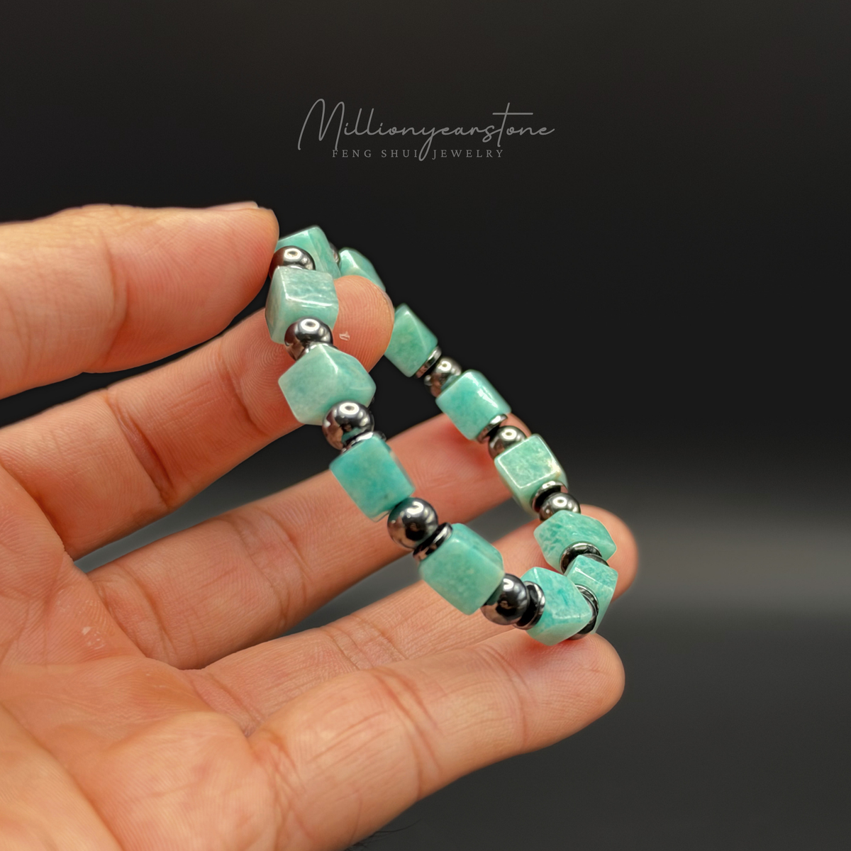 Amazonite Bracelet 7mm Square Beads | Hematite Spacers
