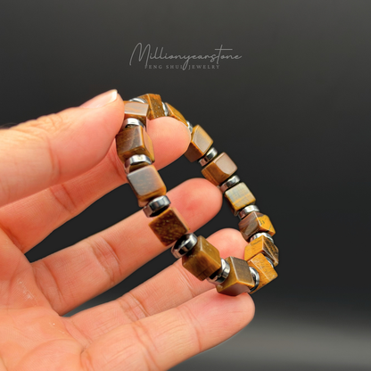 Tiger Eye Square Bead Bracelet 9x9mm | Hematite Spacers
