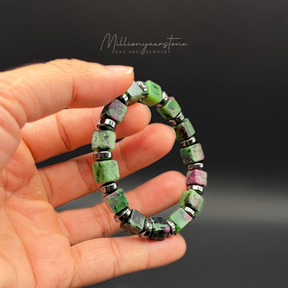 Ruby Zoisite Bracelet, 8x8mm Square Beads, Hematite Spacers