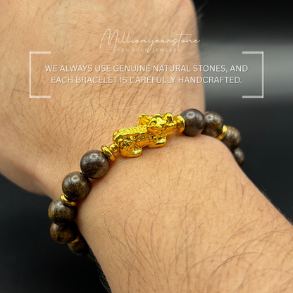 Pixiu bracelet - Petrified Wood & 24k Gold Filled Pixiu Charm | 8mm