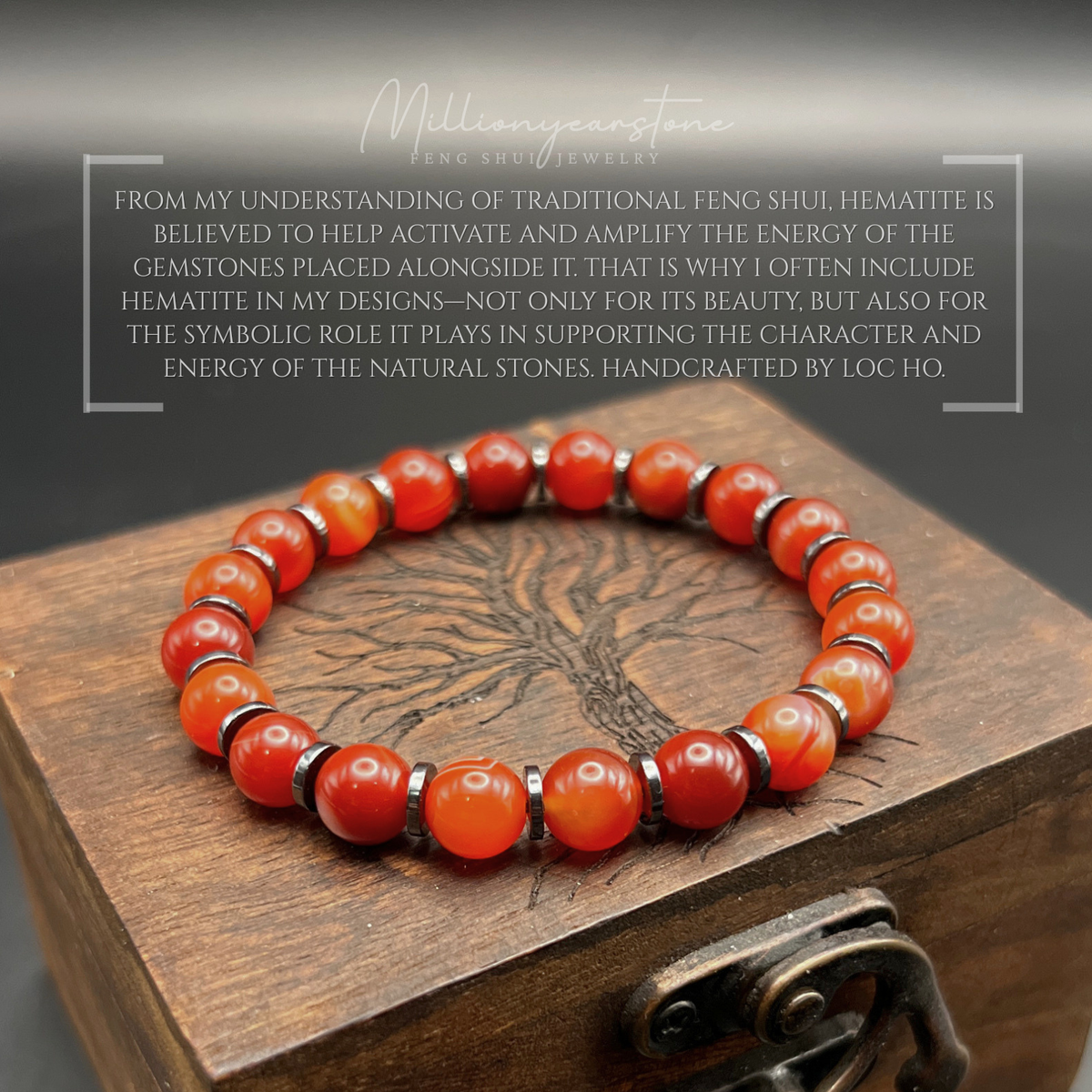 Natural Carnelian Hematite Beaded Bracelet, 8mm Feng Shui Gemstone Jewelry
