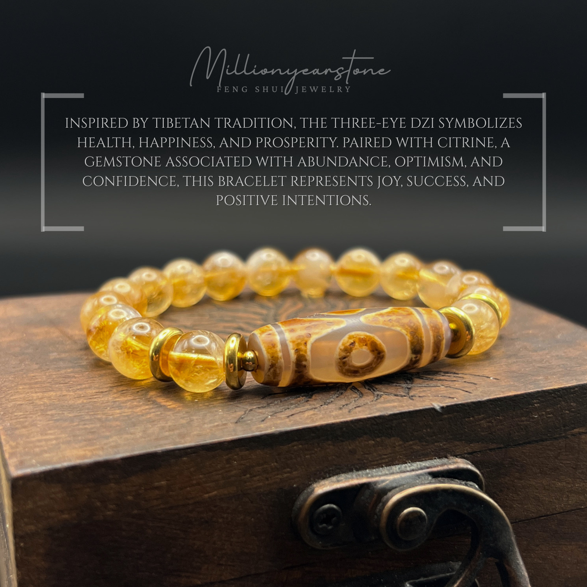 Tibetan Feng Shui bracelet - Citrine with Three Eye Dzi charm - 8mm