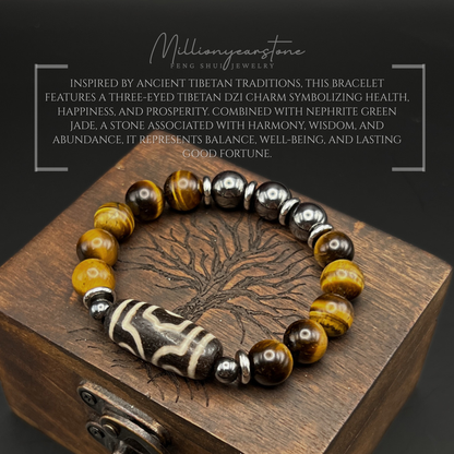 Tibetan Feng shui bracelet - Tiger's Eye 10mm with Three-Eye Dzi charm