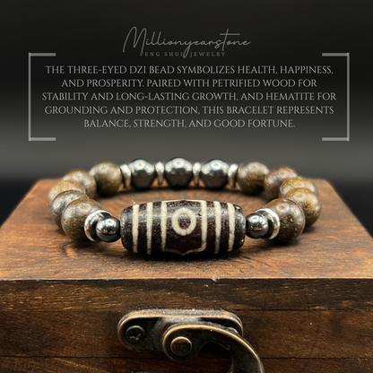 Tibetan Feng Shui bracelet - Petrified Wood 10mm with Three Eye Dzi charm