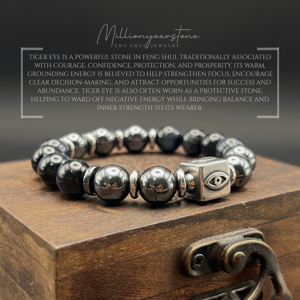 Evil Eye charm bracelet -  Hematite , Gray Tiger's eye 10mm