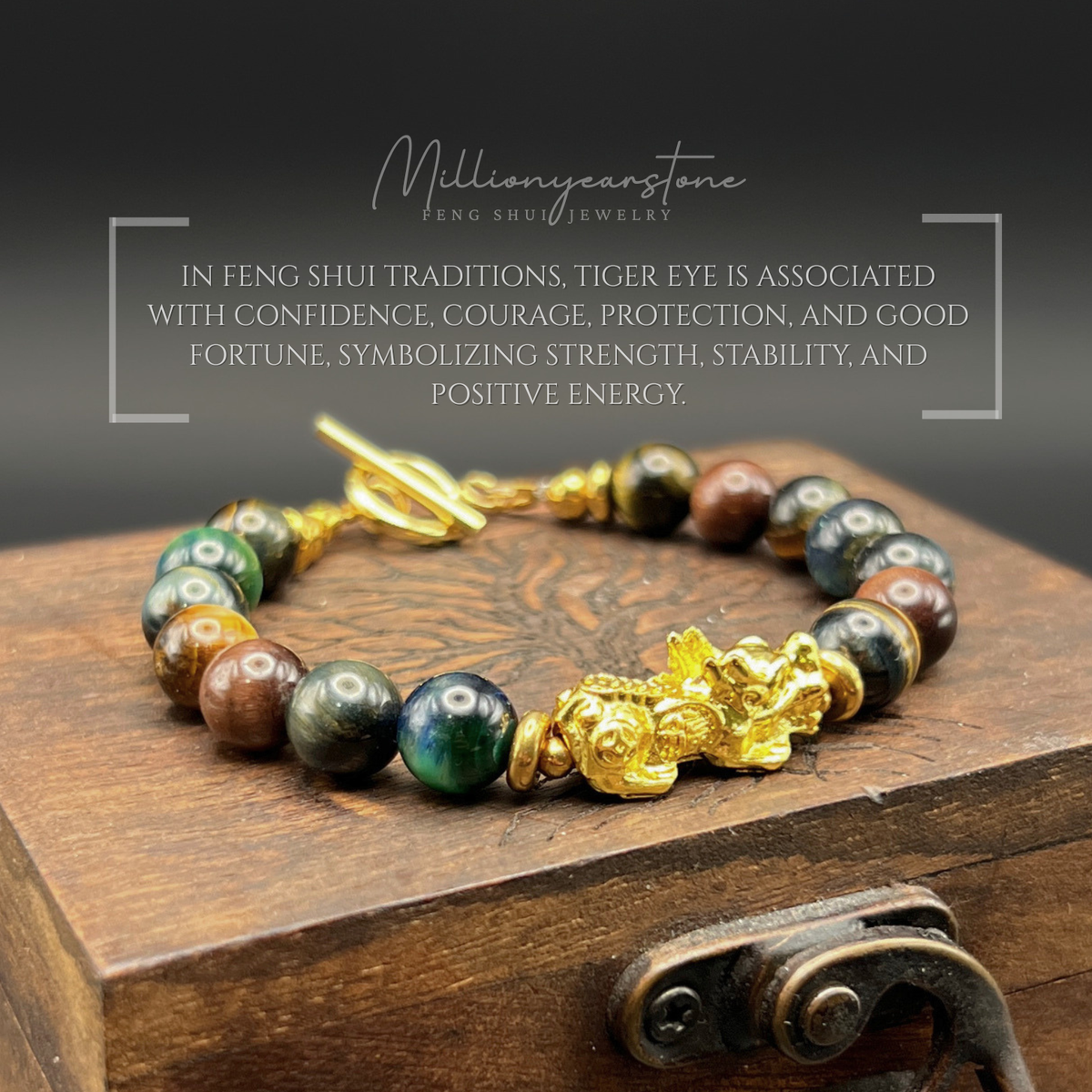 Pixiu bracelet – Multi-Color Tiger Eye 8mm & 24K Gold Filled Charm