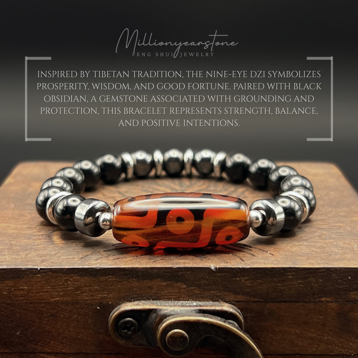 Feng Shui Tibetan bracelet - Fortune Guardian Nine-Eye Dzi charm, Black Obsidian 8mm