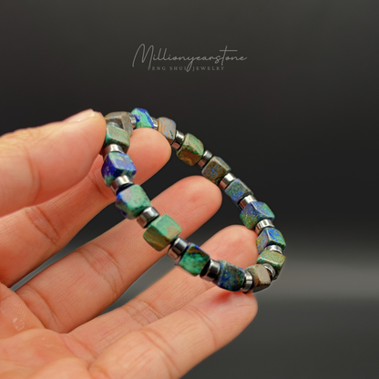 Azurite Bracelet 7x7mm Square Beads | Hematite Spacers
