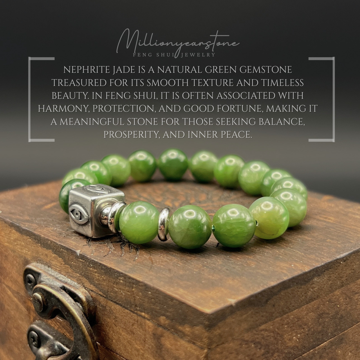 Evil Eye Charm braclet, Nephrite Jade Bracelet 9.5mm - Stainless steel charm