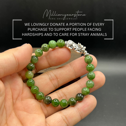 Silver Pixiu bracelet - Nephrite Green Jade & S925 Silver charm - 7.5mm