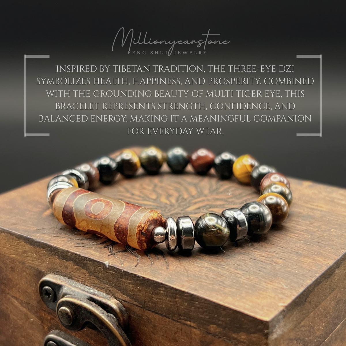 Tibetan Feng shui bracelet - Three-Eye Dzi charm , Multi Tiger Eye & Hematite 8mm