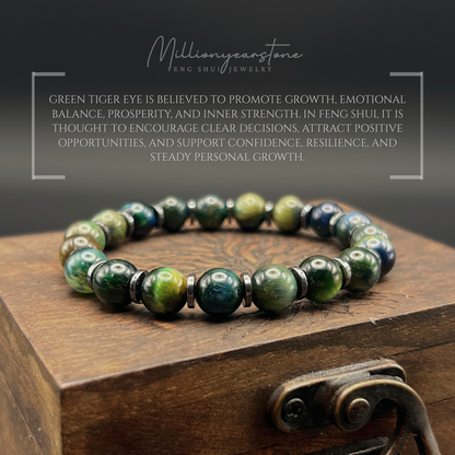 Green Tiger's Eye Bracelet, 8mm beads , hematite spacers