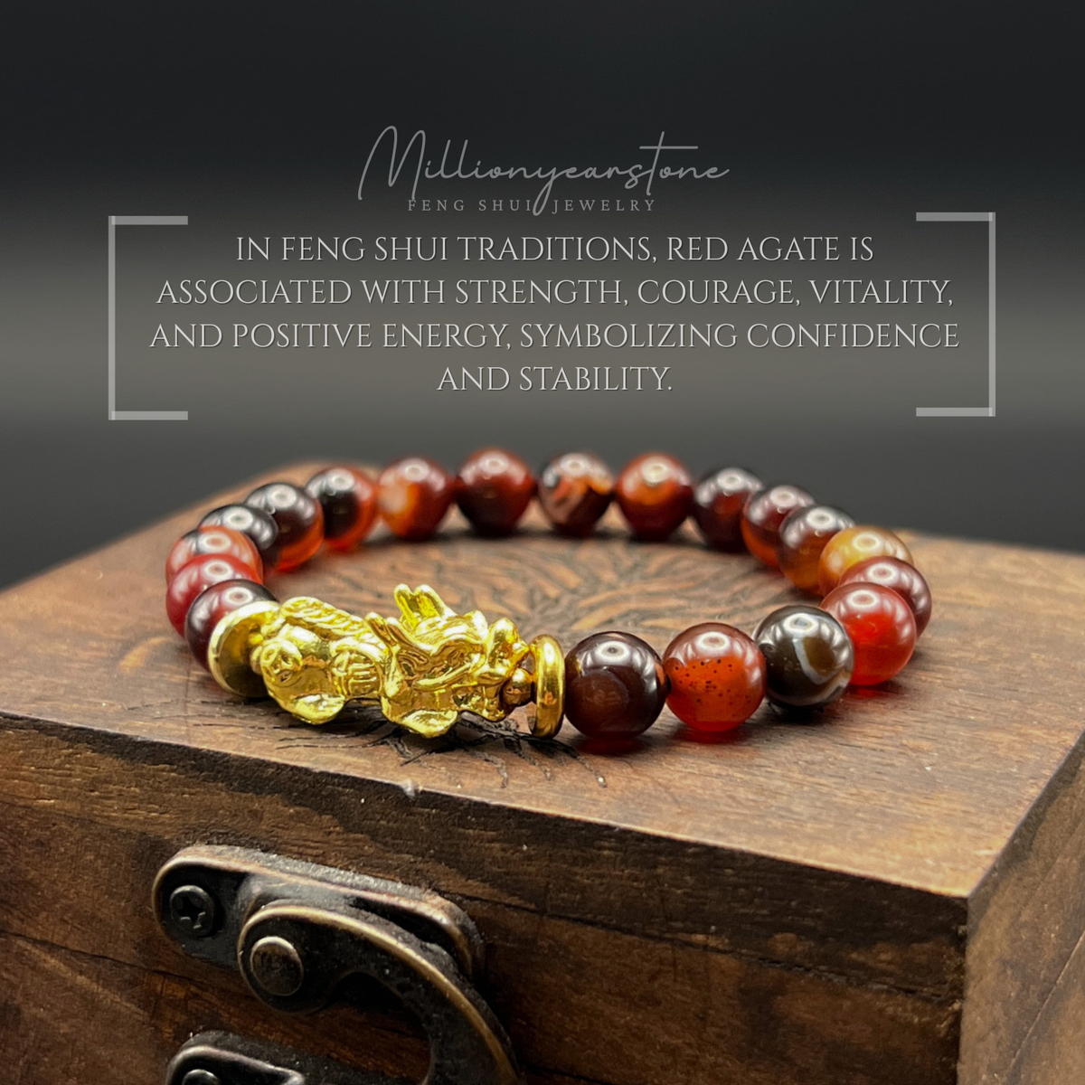 Pixiu bracelet - Red Agate 8mm & 24K Gold Filled charm