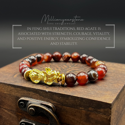 Pixiu bracelet - Red Agate 8mm & 24K Gold Filled charm