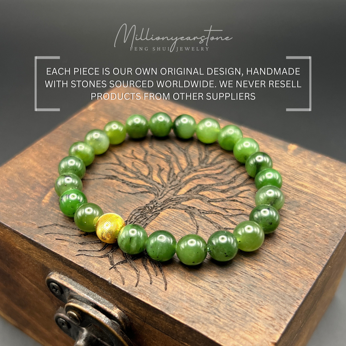 Nephrite Jade & Gold filled Lucky charm bracelet | 7.5mm
