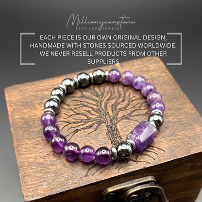 Amethyst & Hematite bracelet - 8mm gemstone beaded .