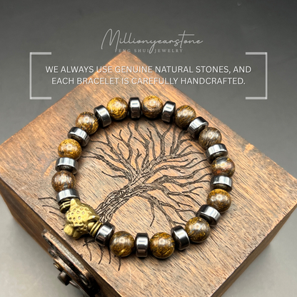 Petrified Wood Bracelet with Copper Leopard Charm | 8mm