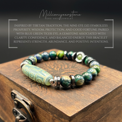 Tibetan Feng Shui bracele - Blue Green Tiger eye 8mm - Nine Eye Dzi charm