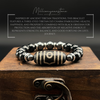Tibetan Feng Shui bracelet - Black Obsidian 10mm with Three Eye Dzi charm