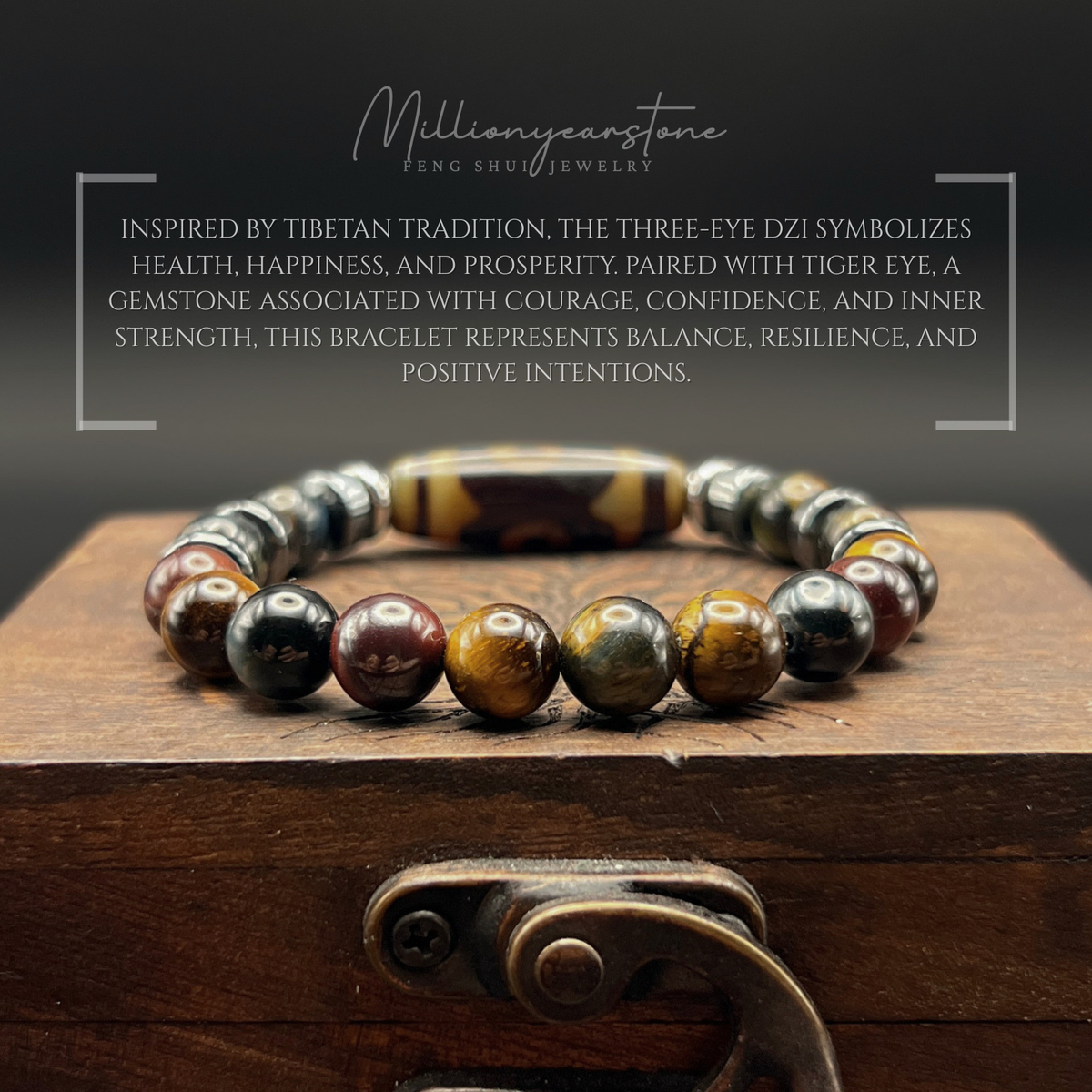 Tibetan Feng Shui bracelet - Multi Tiger's eye 8mm - Three Eye Dzi charm