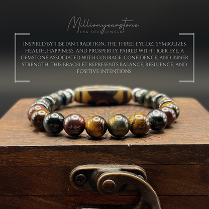Tibetan Feng Shui bracelet - Multi Tiger's eye 8mm - Three Eye Dzi charm