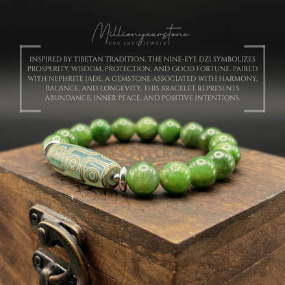 Tibetan Feng Shui bracelet - Nephrite Jade 9.5mm with Nine Eye Dzi charm