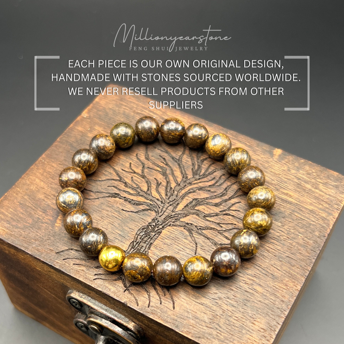 Petrified Wood & Luck gold bead charm | 8mm