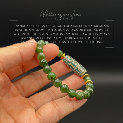 Tibetan Feng Shui bracelet - Nephrite Jade 7.5mm with Nine Eye Dzi charm