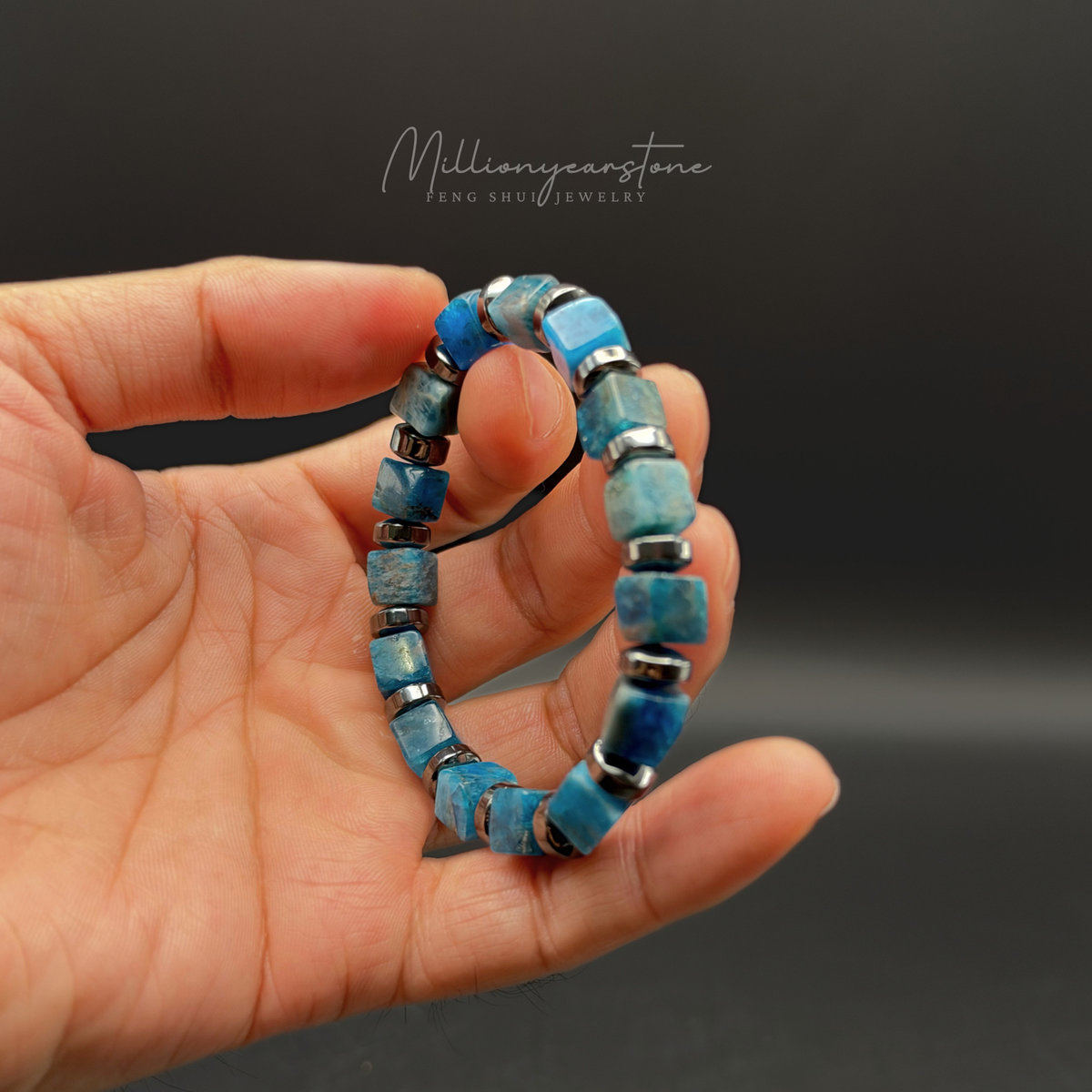 Blue Apatite Bracelet 9mm Square Beads | Hematite Spacers