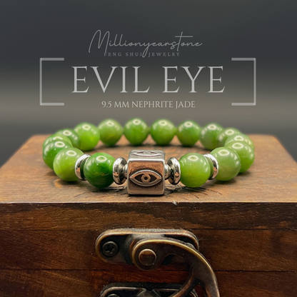 Evil Eye Charm braclet, Nephrite Jade Bracelet 9.5mm - Stainless steel charm