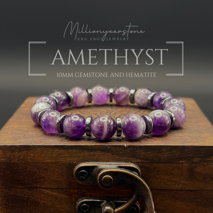 Amethyst Bracelet | 10mm Natural Amethyst & Hematite spacer
