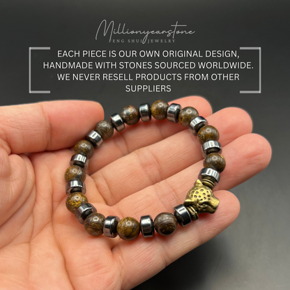 Petrified Wood Bracelet with Copper Leopard Charm | 8mm