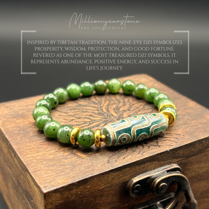 Tibetan Feng Shui bracelet - Nephrite Jade 7.5mm with Nine Eye Dzi charm
