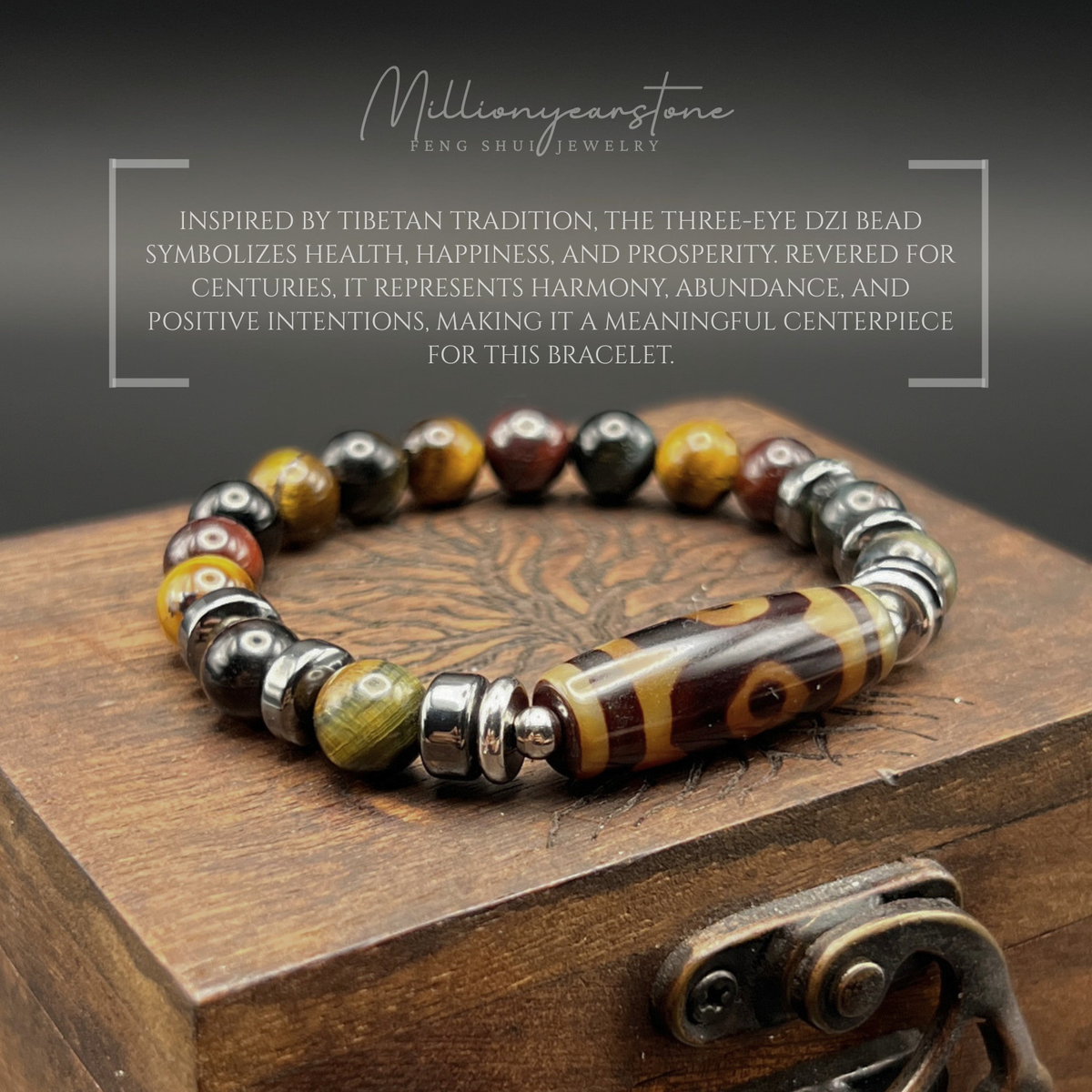 Tibetan Feng Shui bracelet - Multi Tiger's eye 8mm - Three Eye Dzi charm
