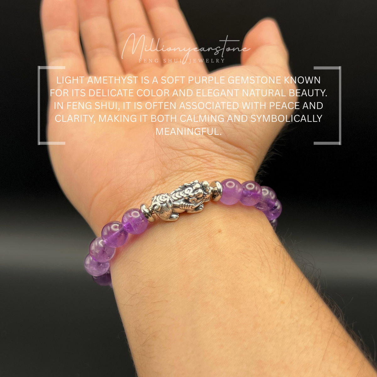 Light Amethyst Pixiu Bracelet, 8mm Natural Gemstone, S999 Silver Charm, Feng Shui Jewelry
