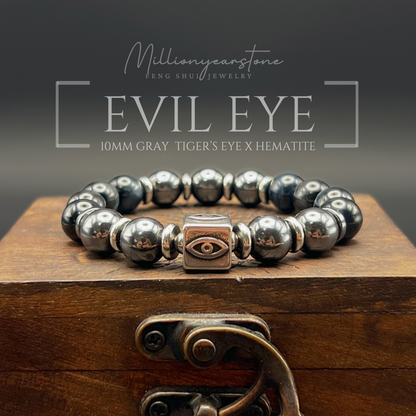 Evil Eye charm bracelet -  Hematite , Gray Tiger's eye 10mm
