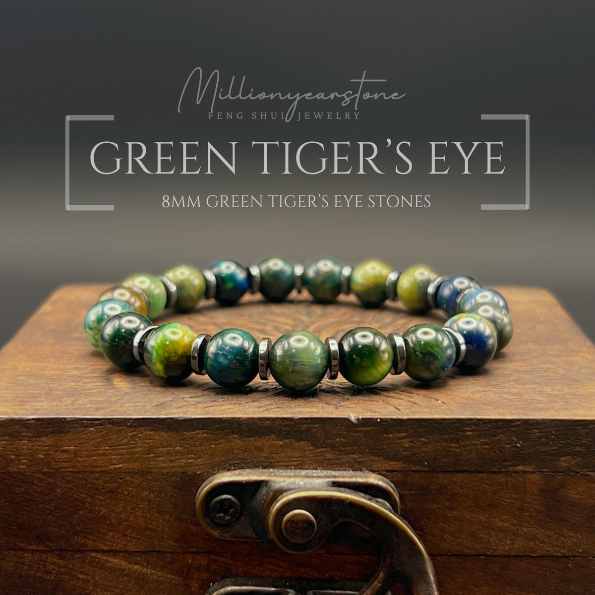 Green Tiger's Eye Bracelet, 8mm beads , hematite spacers