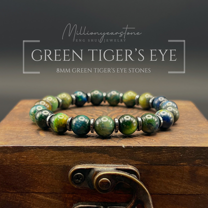 Green Tiger's Eye Bracelet, 8mm beads , hematite spacers