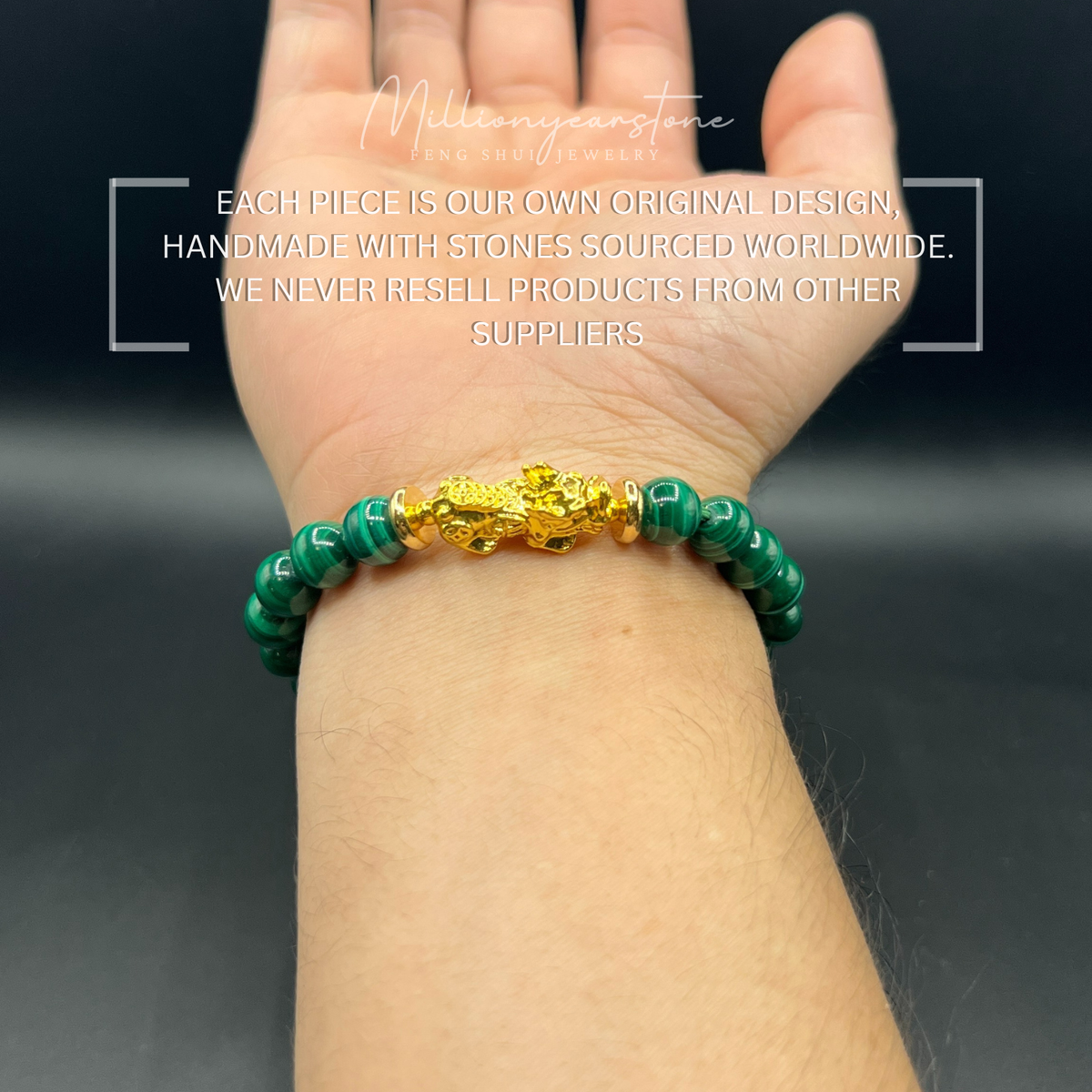 Pixiu bracelet - Malachite & 24k gold filled charm | 8mm