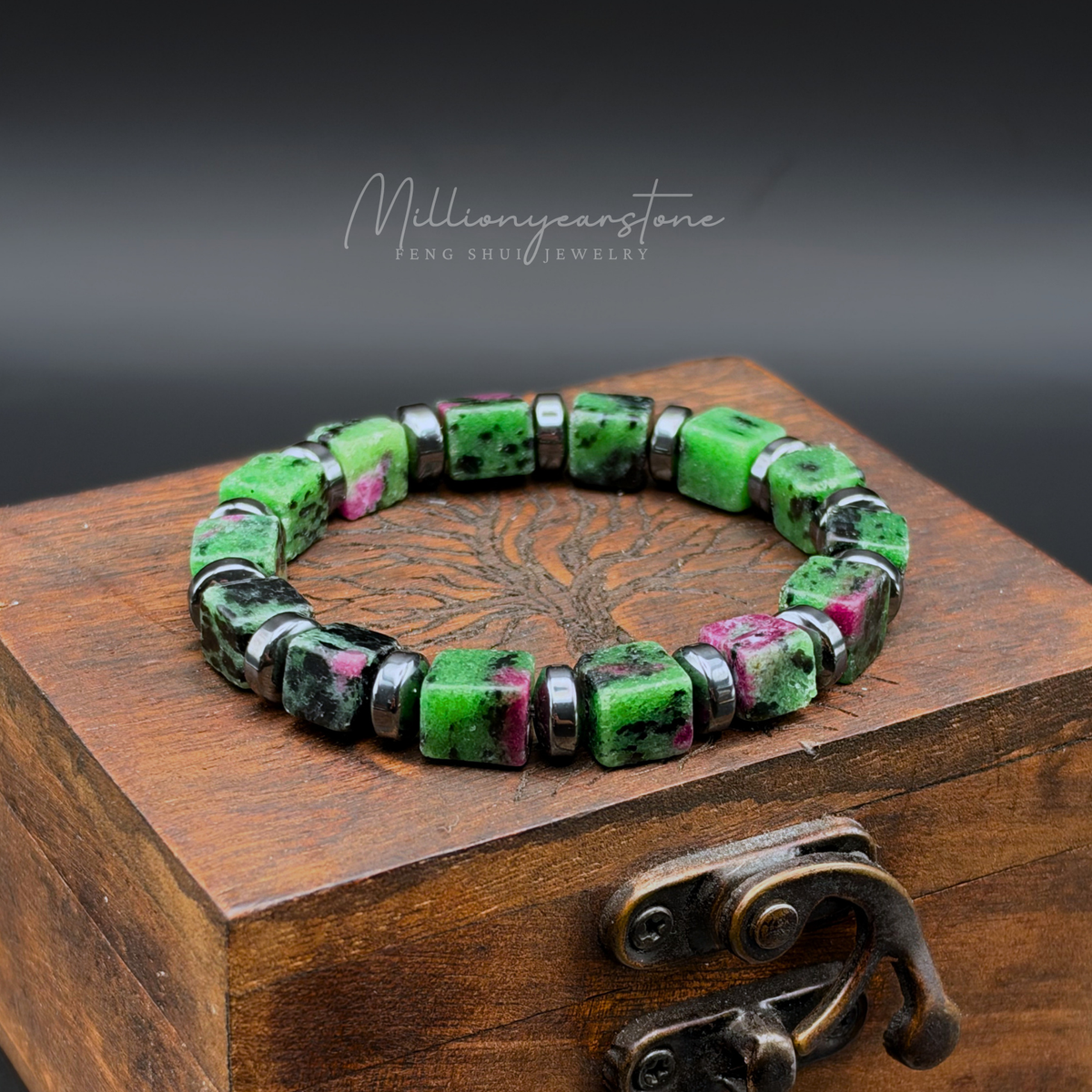 Ruby Zoisite Bracelet, 8x8mm Square Beads, Hematite Spacers