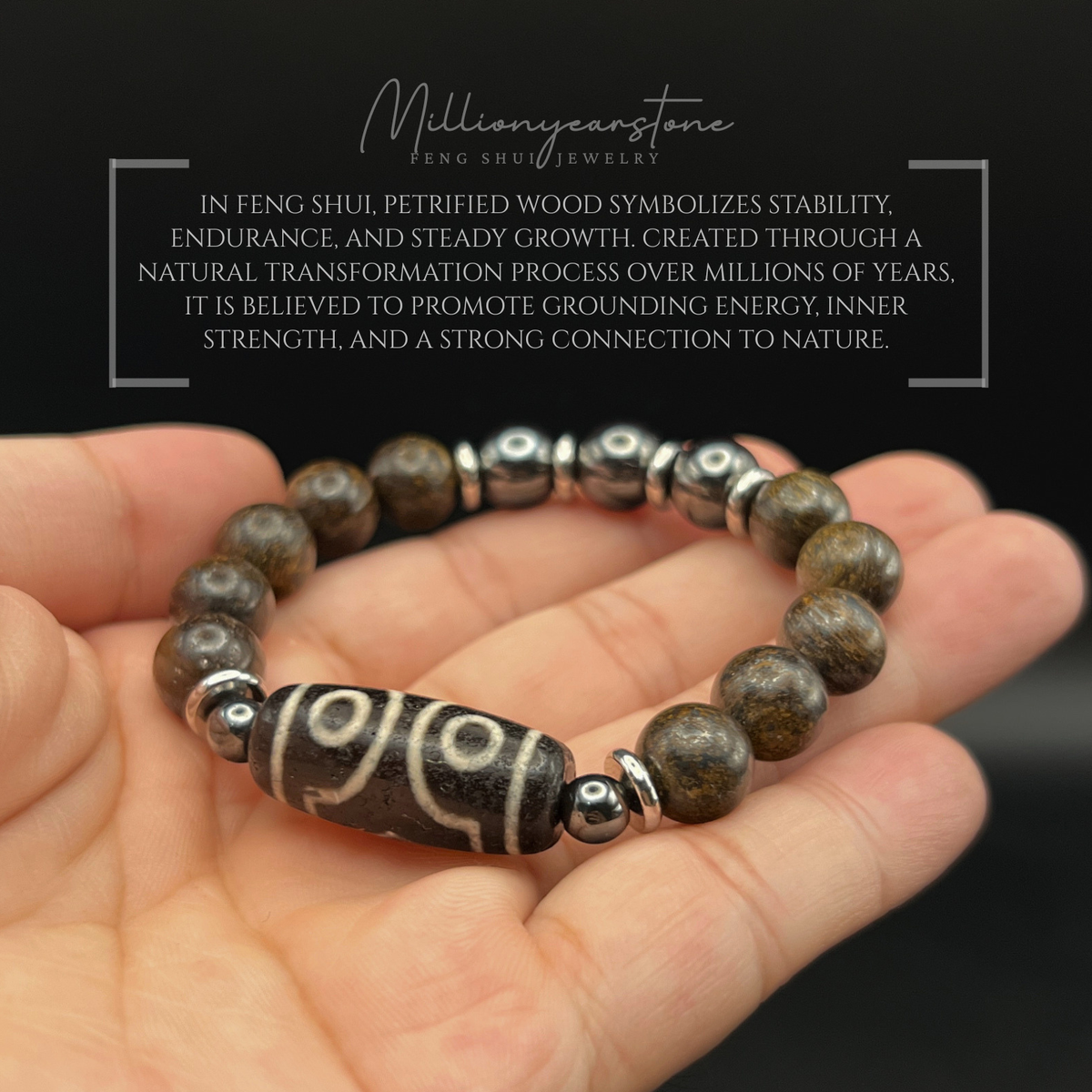 Tibetan Feng Shui bracelet - Petrified Wood 10mm with Three Eye Dzi charm