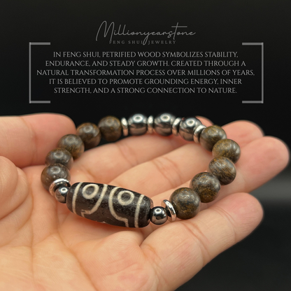 Tibetan Feng Shui bracelet - Petrified Wood 10mm with Three Eye Dzi charm