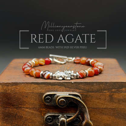 Pixiu Bracelet – 6mm Red Agate Beads, S925 Sterling Silver Pixiu