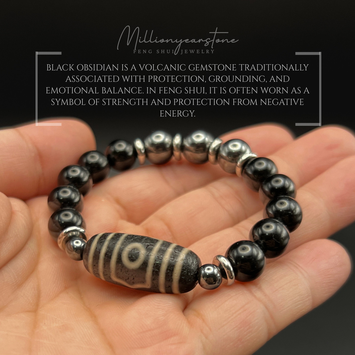 Tibetan Feng Shui bracelet - Black Obsidian 10mm with Three Eye Dzi charm