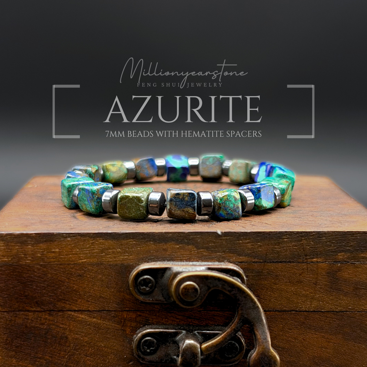 Azurite Bracelet 7x7mm Square Beads | Hematite Spacers