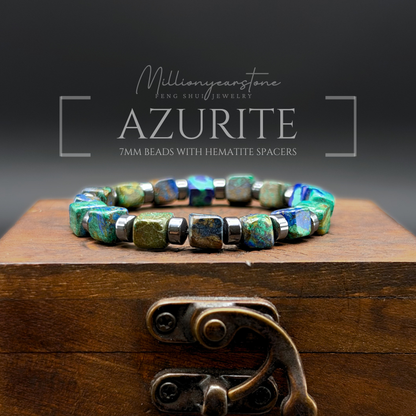 Azurite Bracelet 7x7mm Square Beads | Hematite Spacers