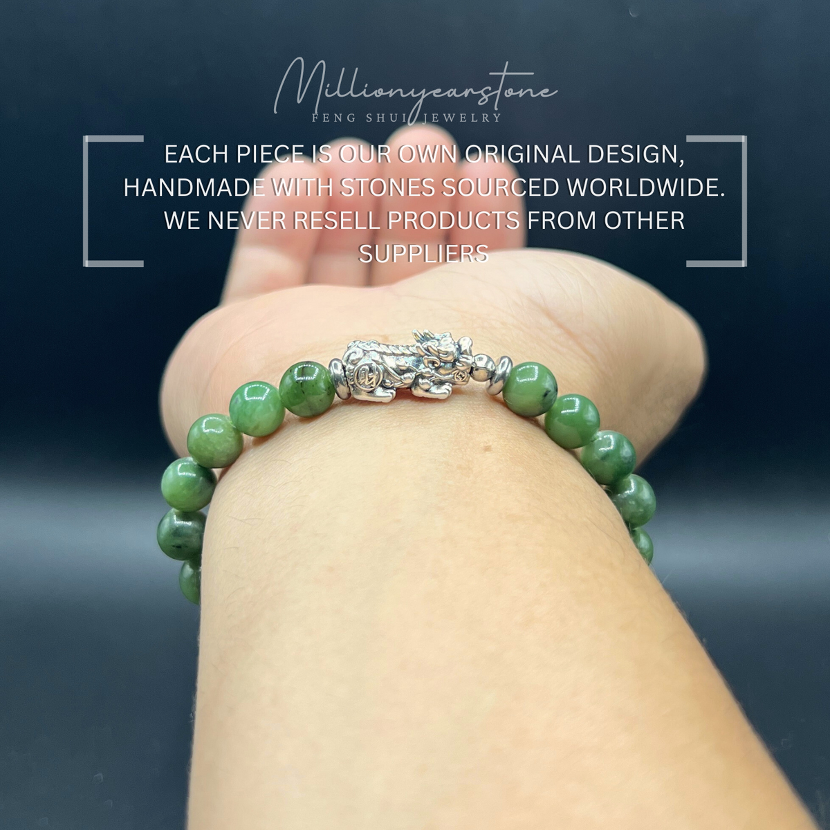 Silver Pixiu bracelet - Nephrite Green Jade & S925 Silver charm - 7.5mm